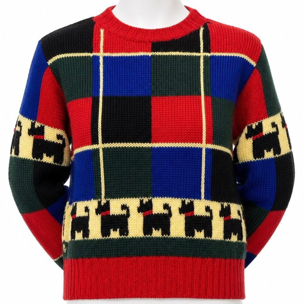 Berek Sweater Kids Size 14 Scottish Terrier Multicolored Hand Knit Wool Vintage